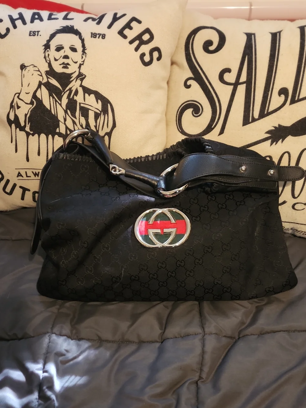 Gucci Black GG Web Stripe Monogram Canvas And Leather Hobo Bag 🛍️ So Cute!